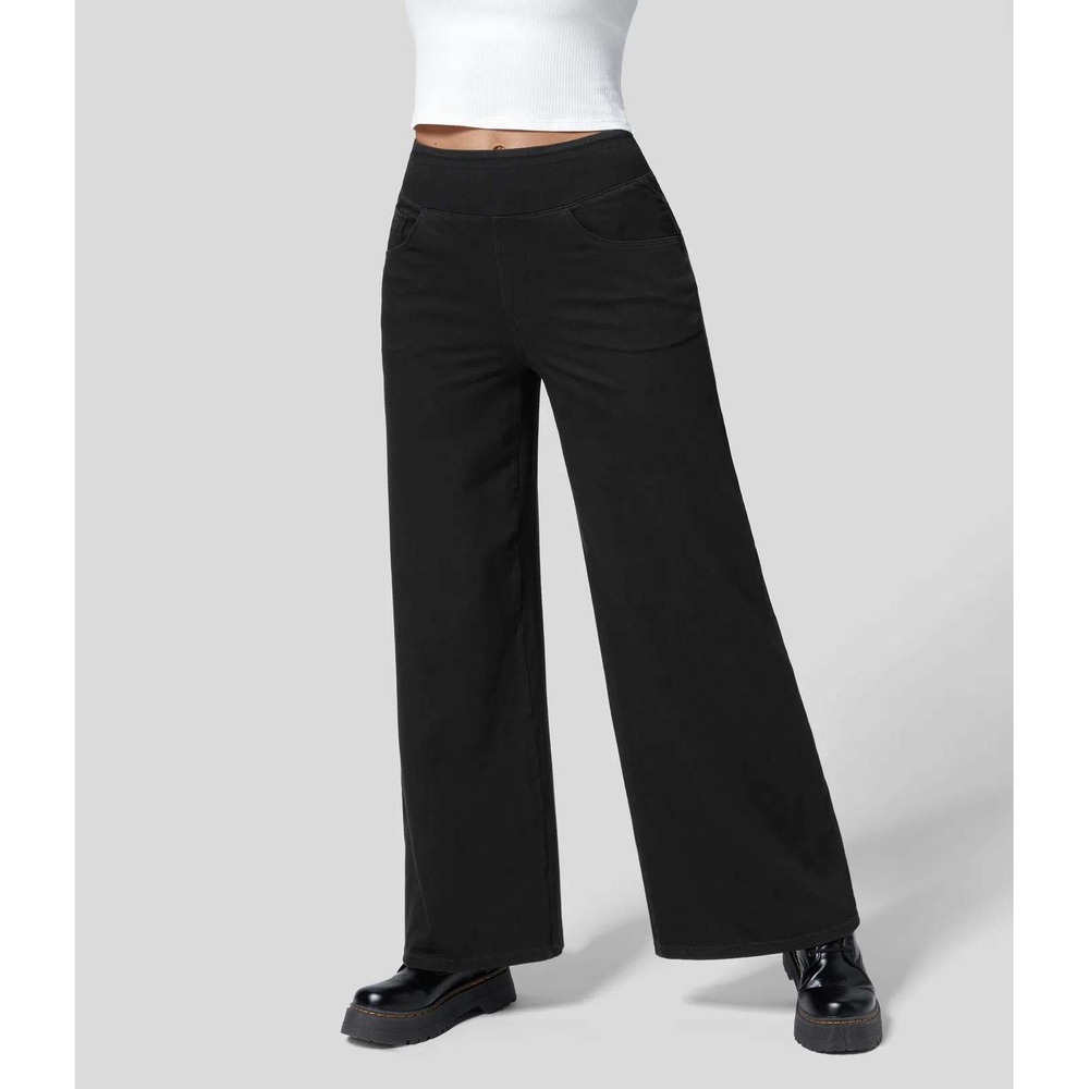 Halara Flex High Waisted Pockets Wide Leg Loose Work Jeans Large Black Minimal